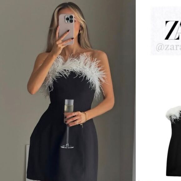 NWT ZARA mini dress with feathers contrast white and black - Picture 16 of 17